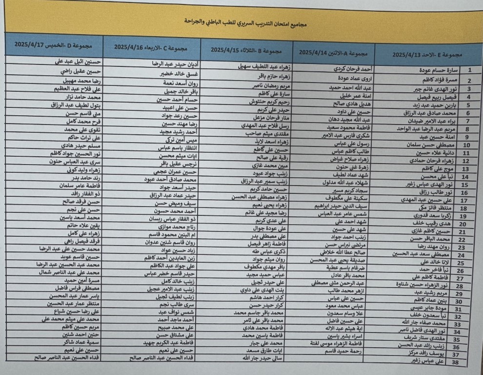 كلية الطب تعلن مواعيد اجراء الاختبارات السريرية النهائية لمادة الطب الباطني والجراحة العامة لطلبة المرحلة الثالثة للعام الدراسي ٢٠٢٥/٢٠٢٤